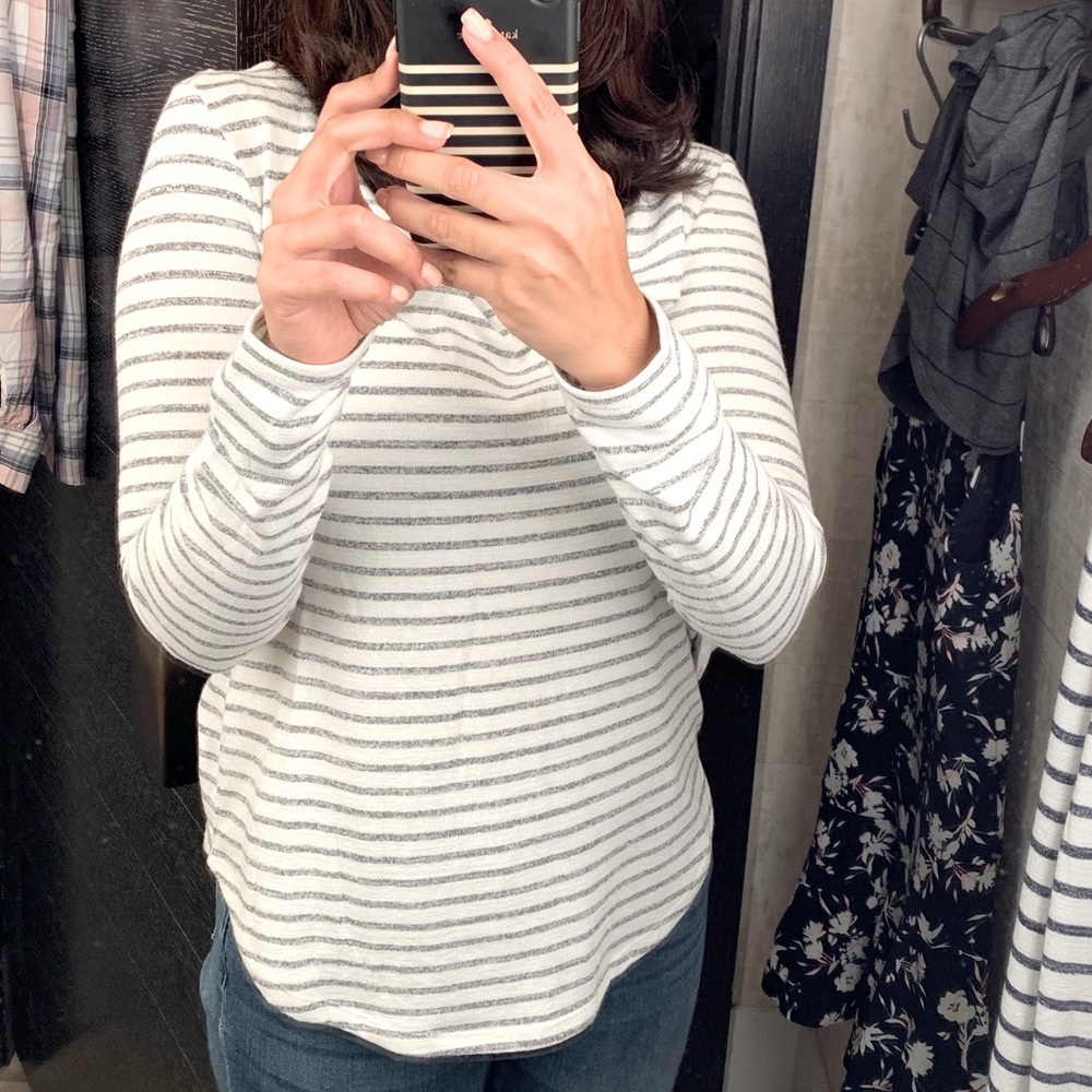 banana republic back tie sweater striped white and grey